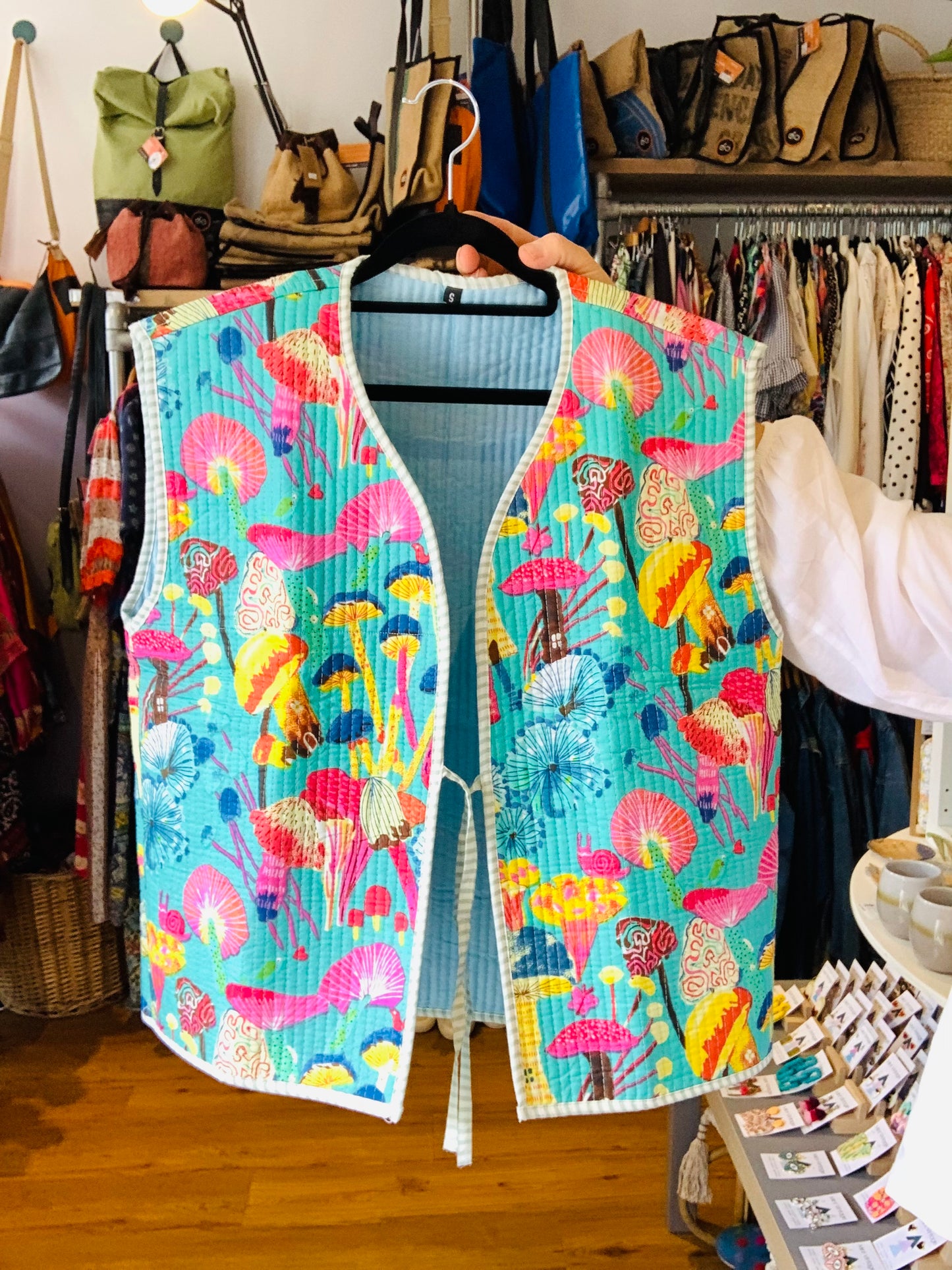 Handmade quilted Indian colourful mushroom blockprint patterned gilet/waistcoat sz 8-18 available