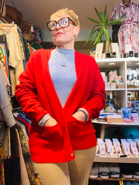 Vintage 1970s pure wool red v neck cardigan with pockets