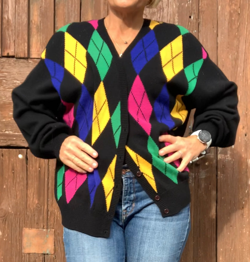 Vintage preppy vibes 1980’s colourful diamond pattern cotton knit cardigan