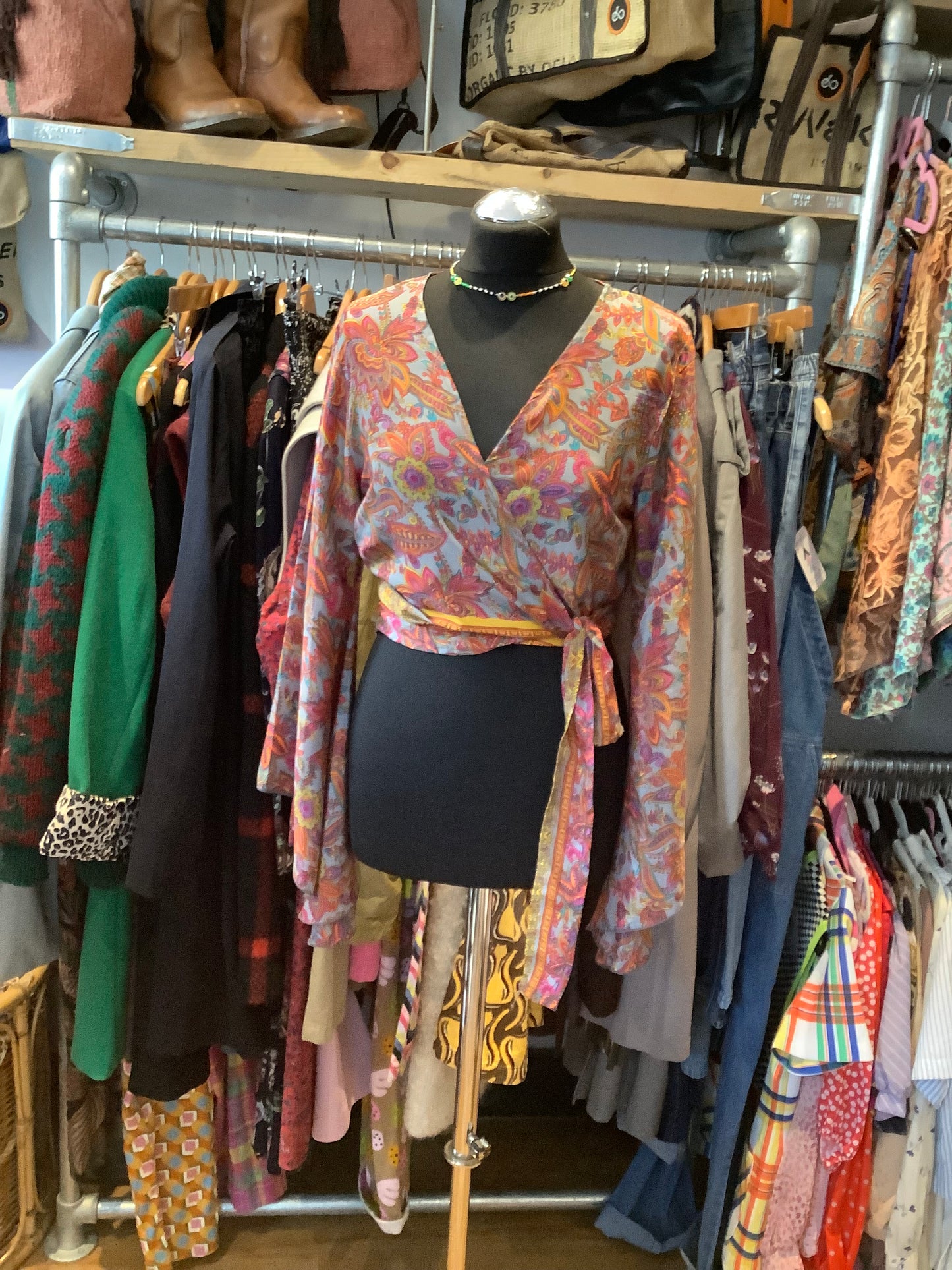 Handmade colourful sari fabric bell sleeve short wrap top