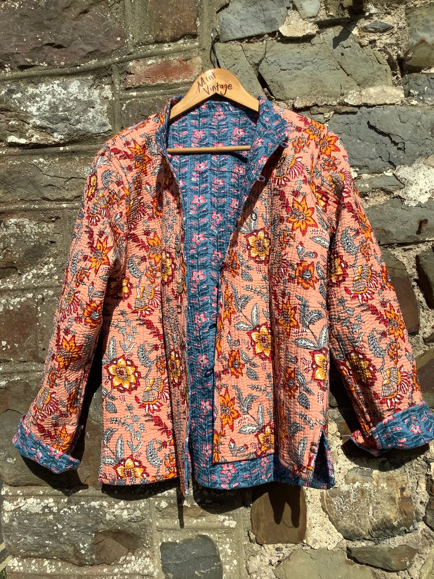 Indian block printed quilted reversible jacket ~ sz M 10-12