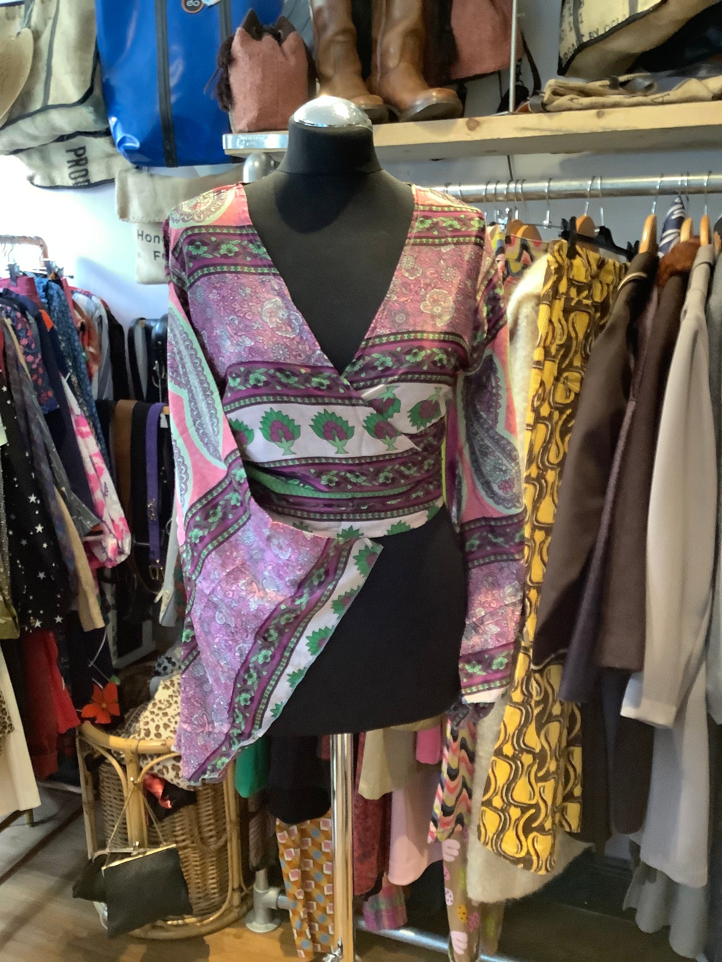 Handmade patterned Indian sari fabric bell sleeve wrap top