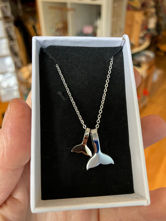 Silver mother & child whale tail necklace