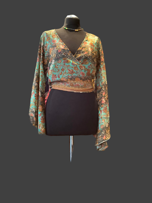 Handmade Recycled Sari bell sleeve fabric wrap top