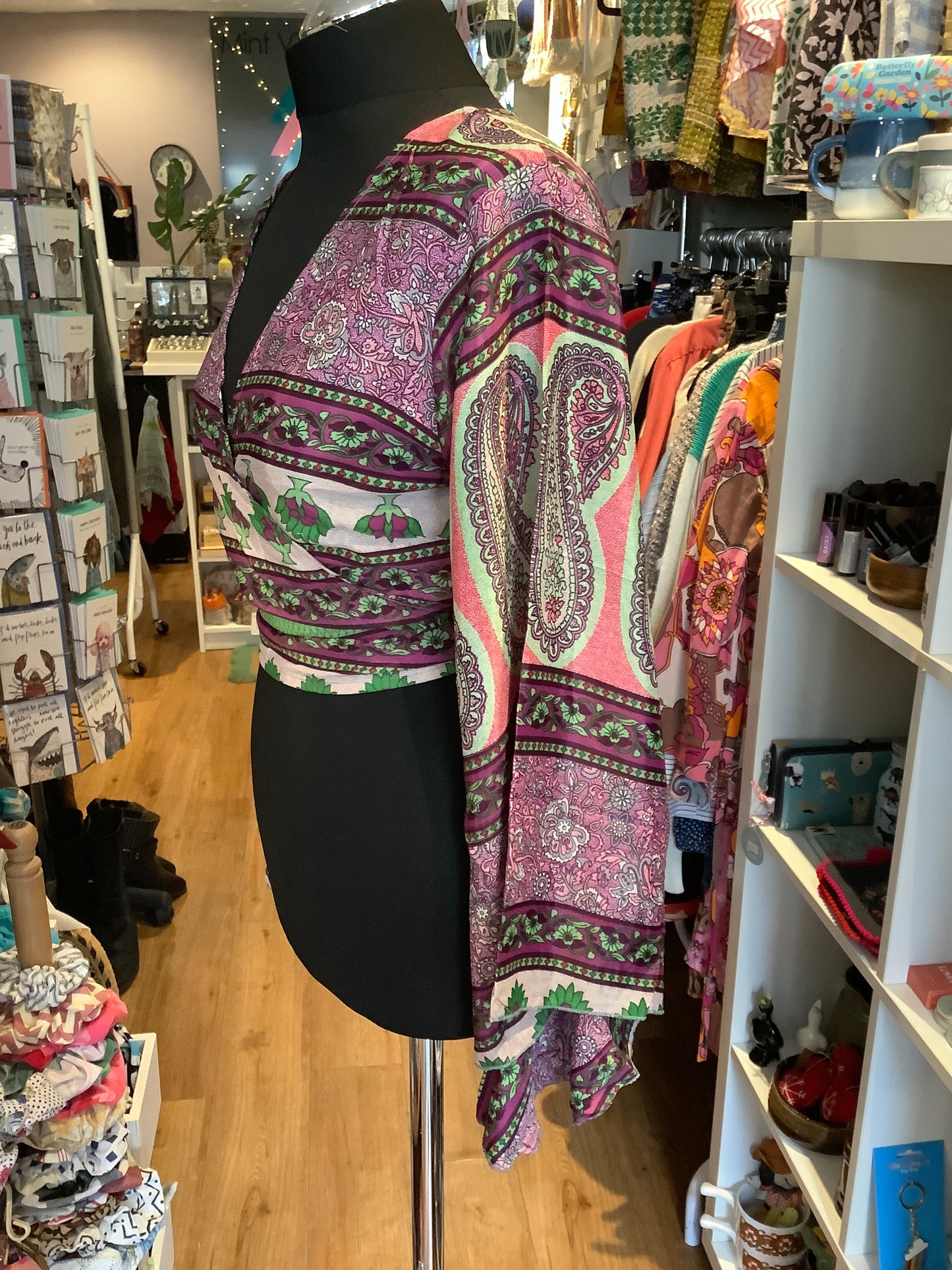 Handmade patterned Indian sari fabric bell sleeve wrap top