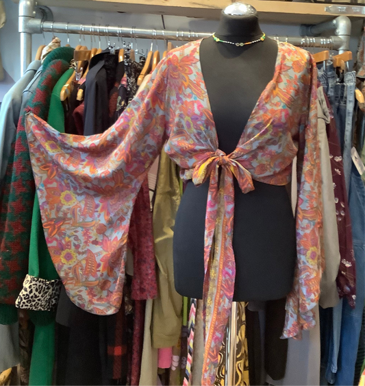 Handmade colourful sari fabric bell sleeve short wrap top