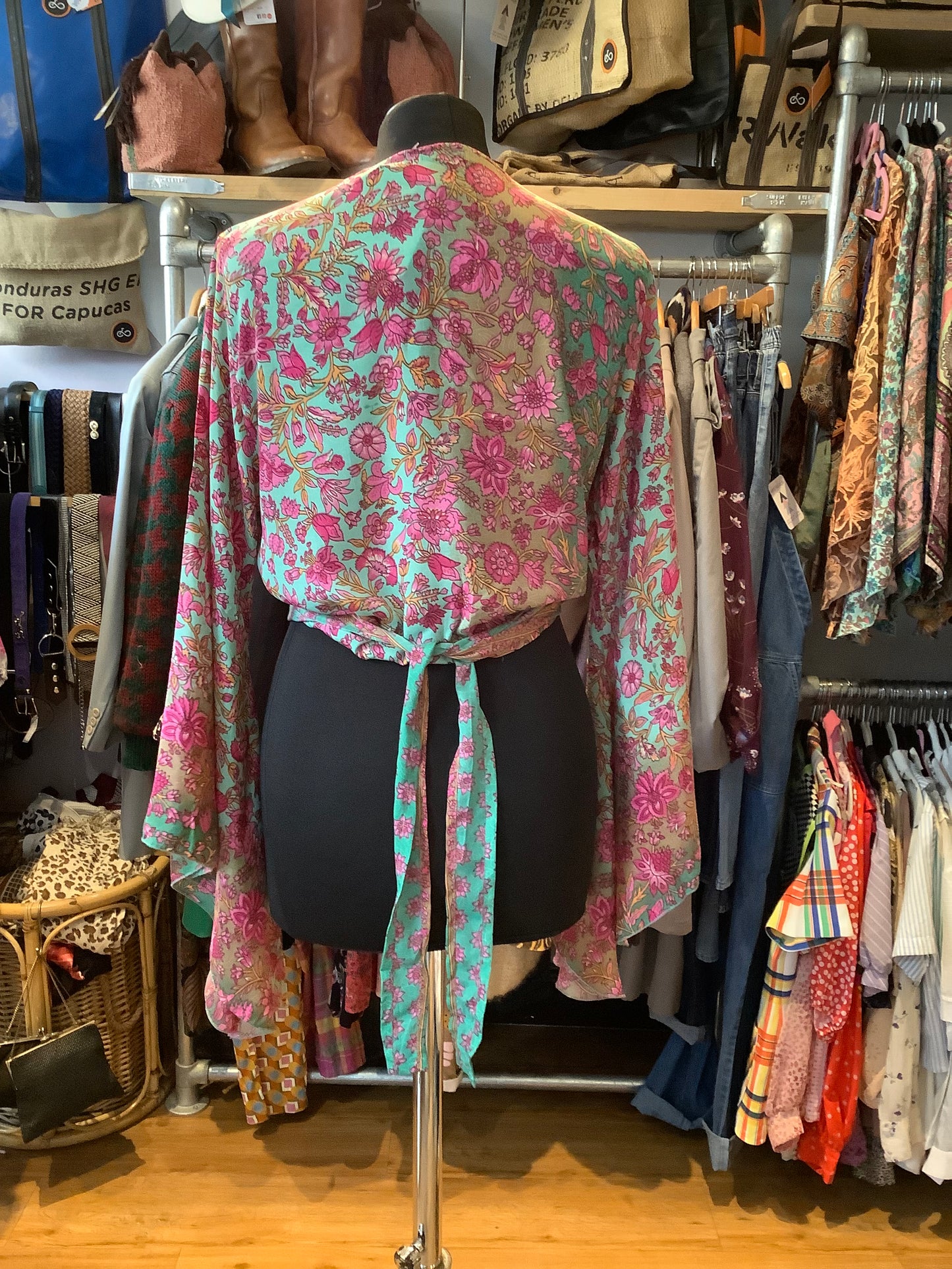 Handmade colourful Indian sari fabric bell sleeve wrap top