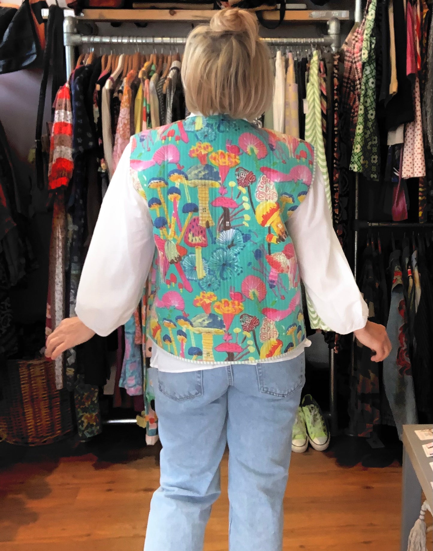 Handmade quilted Indian colourful mushroom blockprint patterned gilet/waistcoat sz 8-18 available