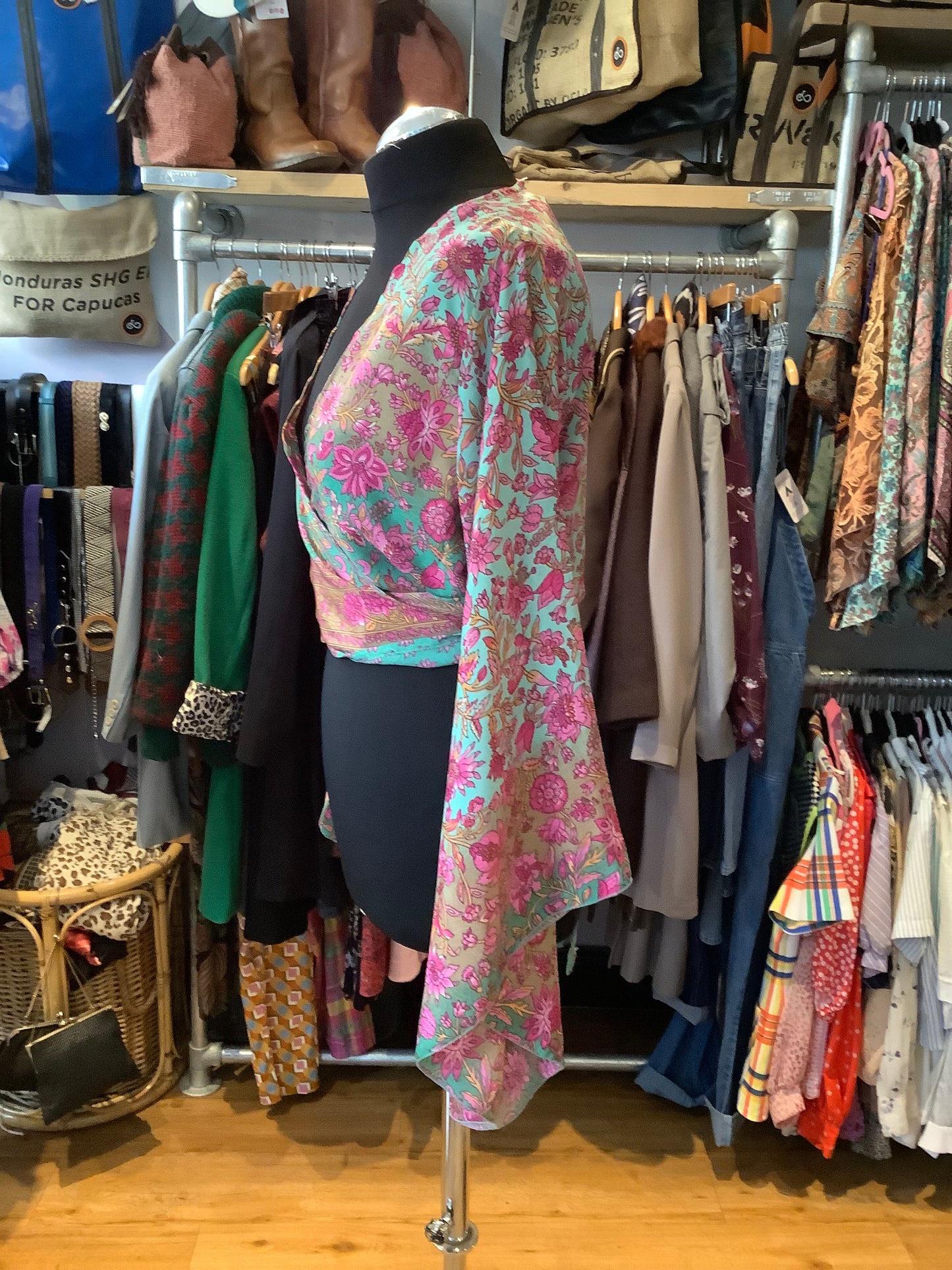 Handmade colourful Indian sari fabric bell sleeve wrap top