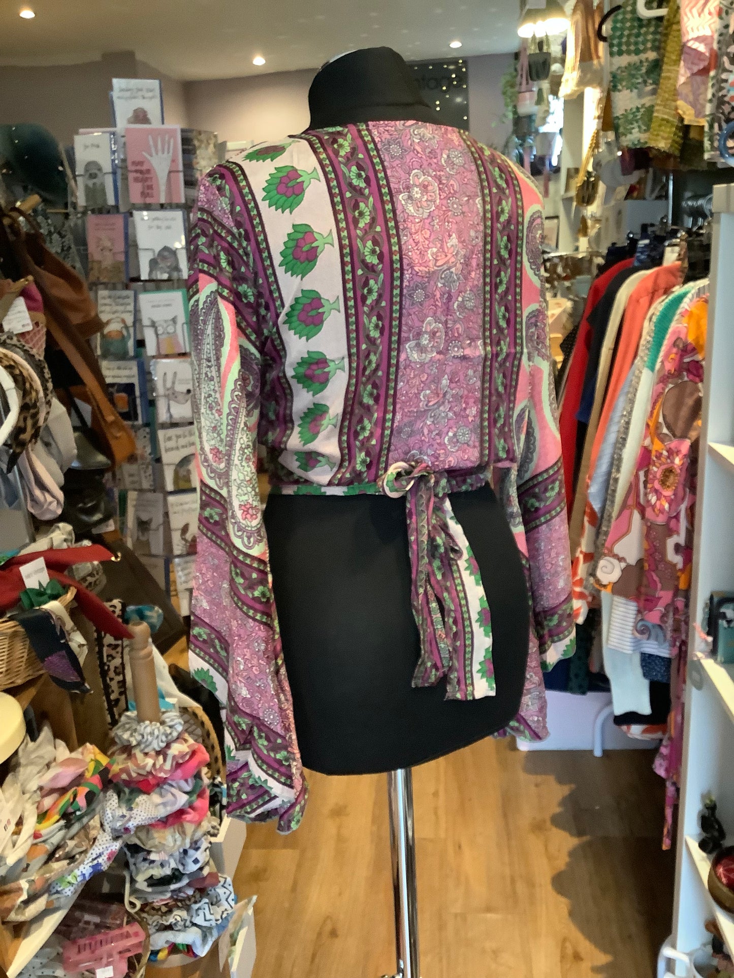 Handmade patterned Indian sari fabric bell sleeve wrap top