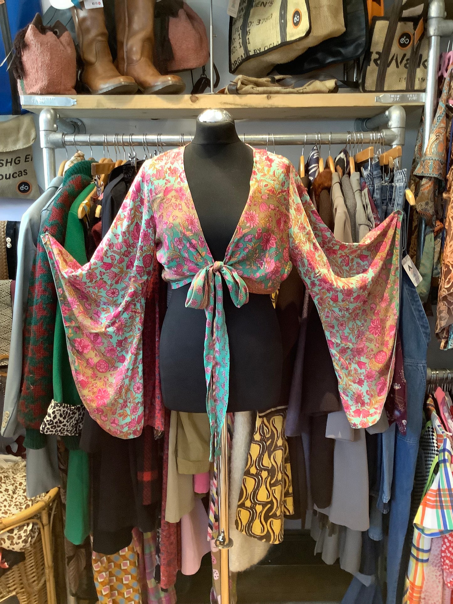 Handmade colourful Indian sari fabric bell sleeve wrap top