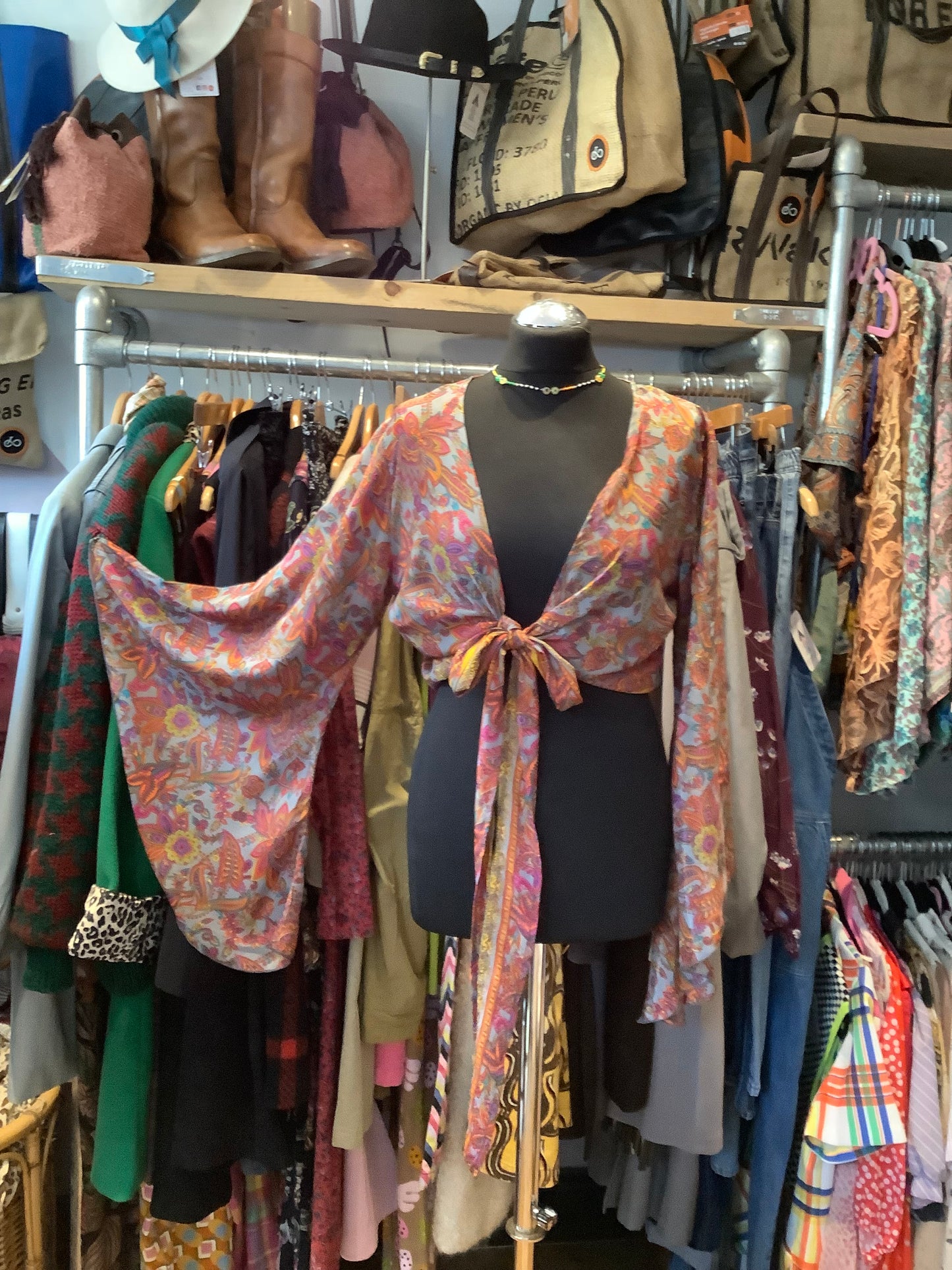 Handmade colourful sari fabric bell sleeve short wrap top