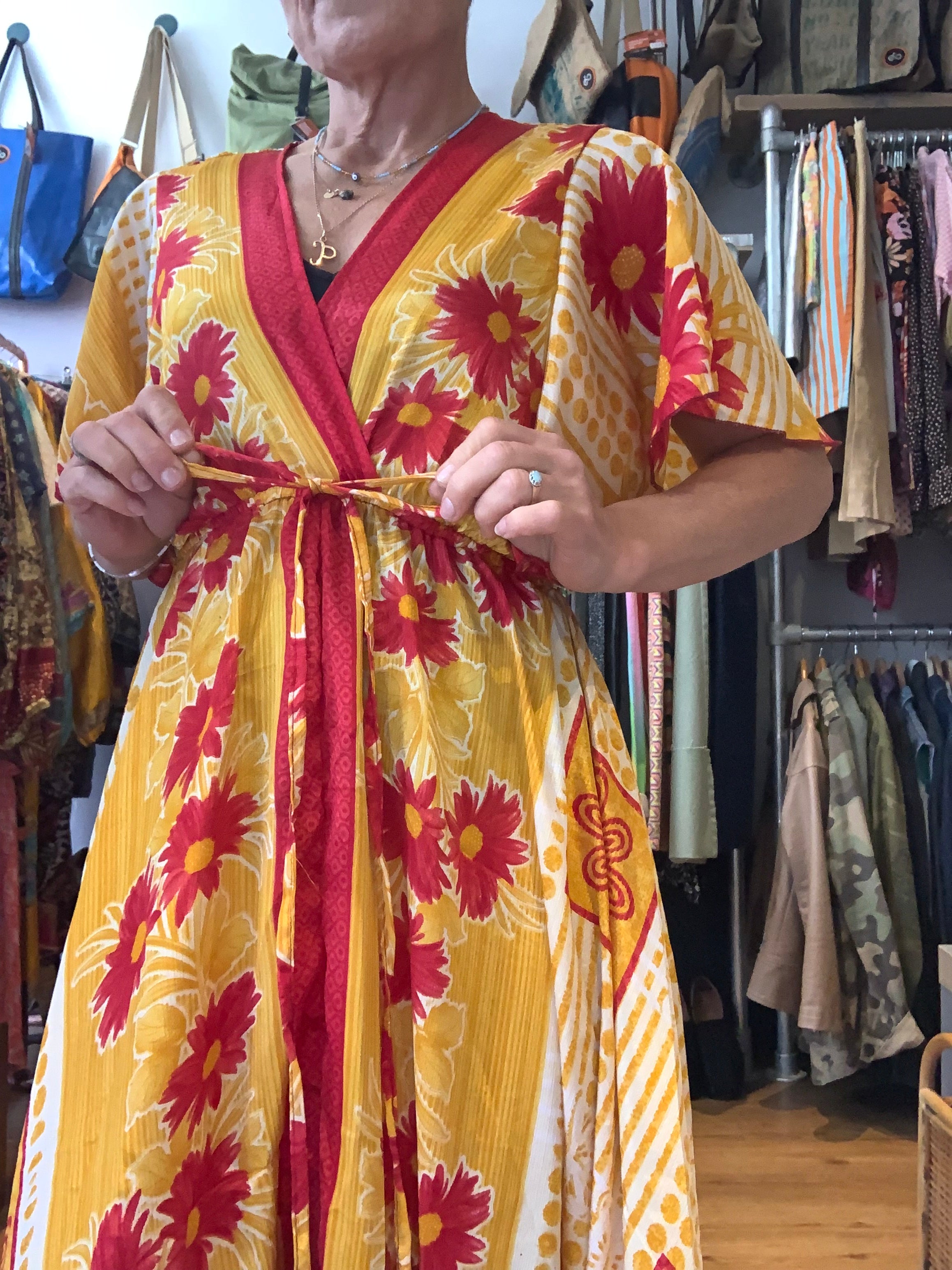 Handmade boho prairie style silk sari dress