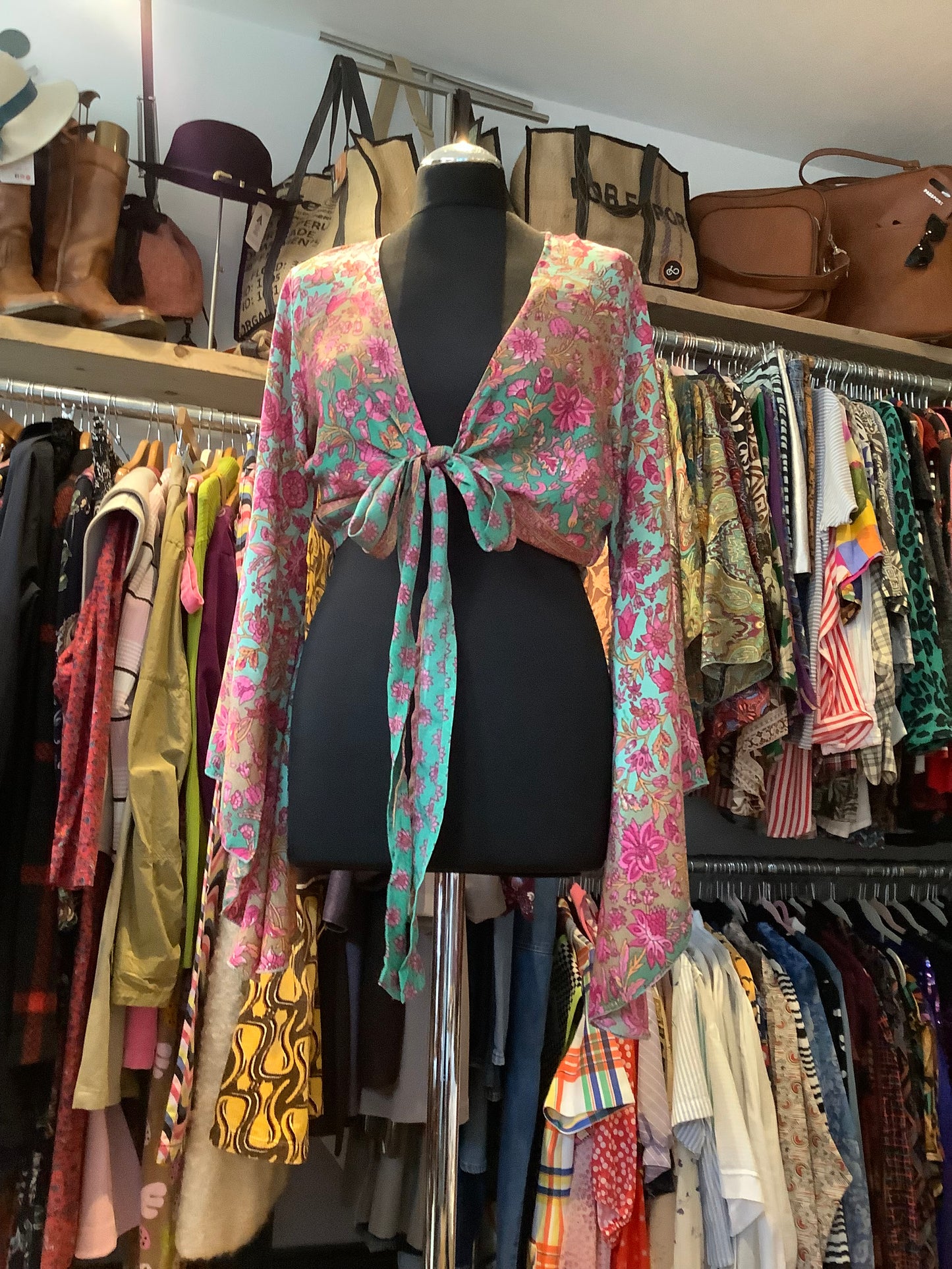 Handmade colourful Indian sari fabric bell sleeve wrap top