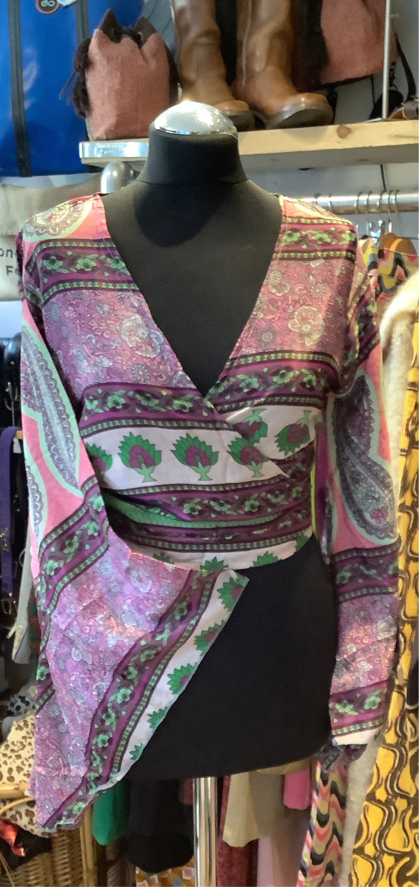 Handmade patterned Indian sari fabric bell sleeve wrap top