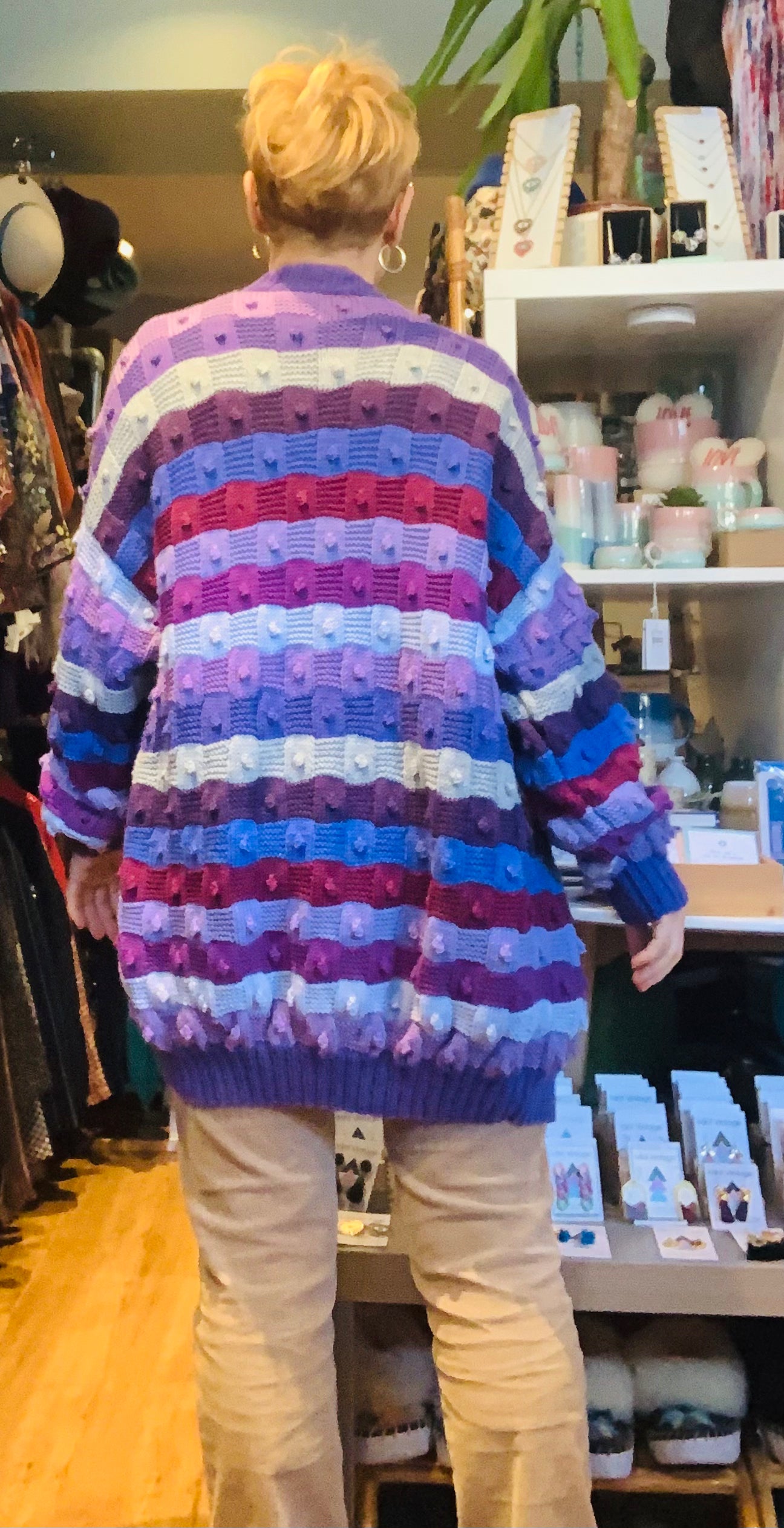 Hand knitted purple stripy textured longline cardigan ~ free size