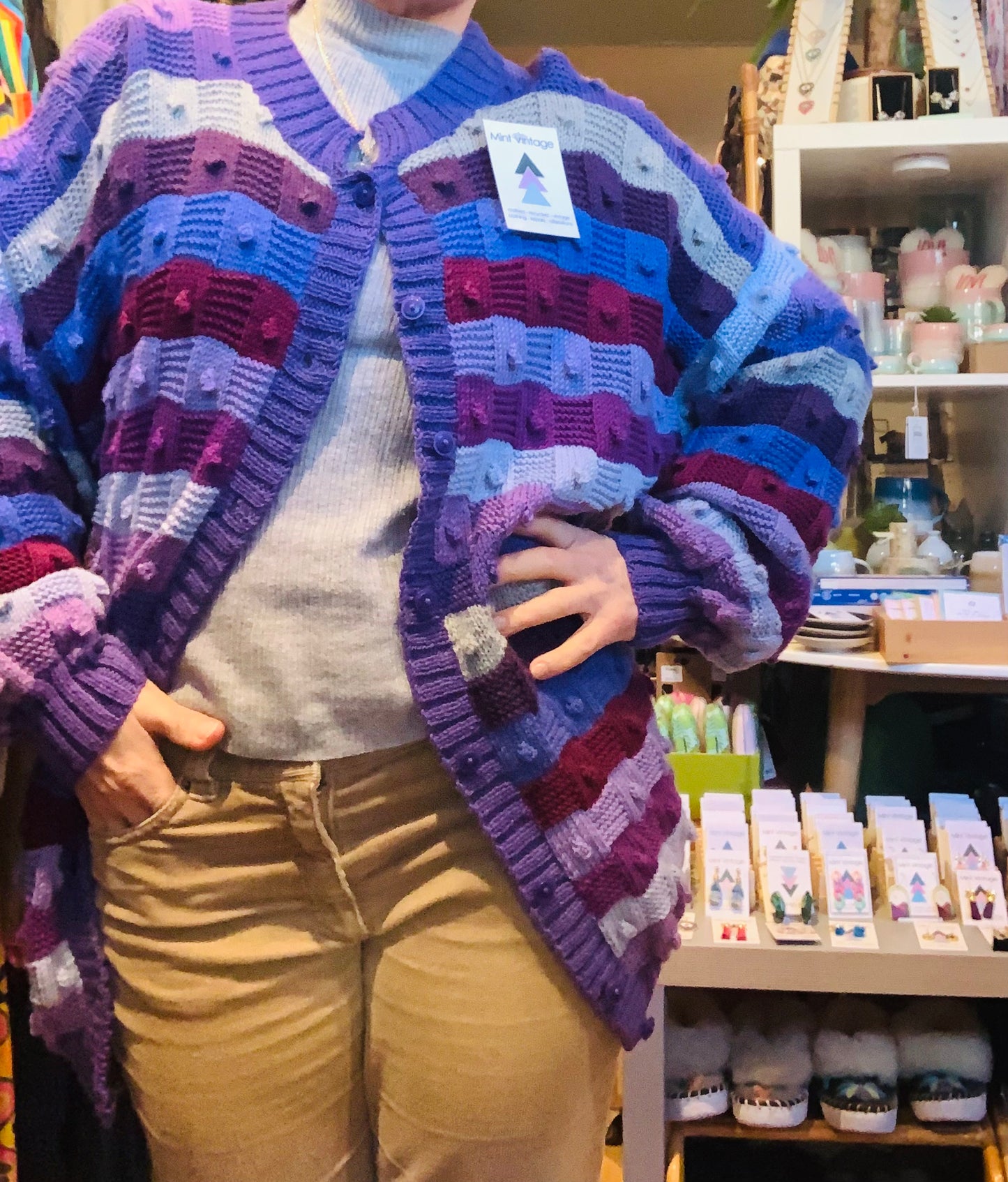 Hand knitted purple stripy textured longline cardigan ~ free size