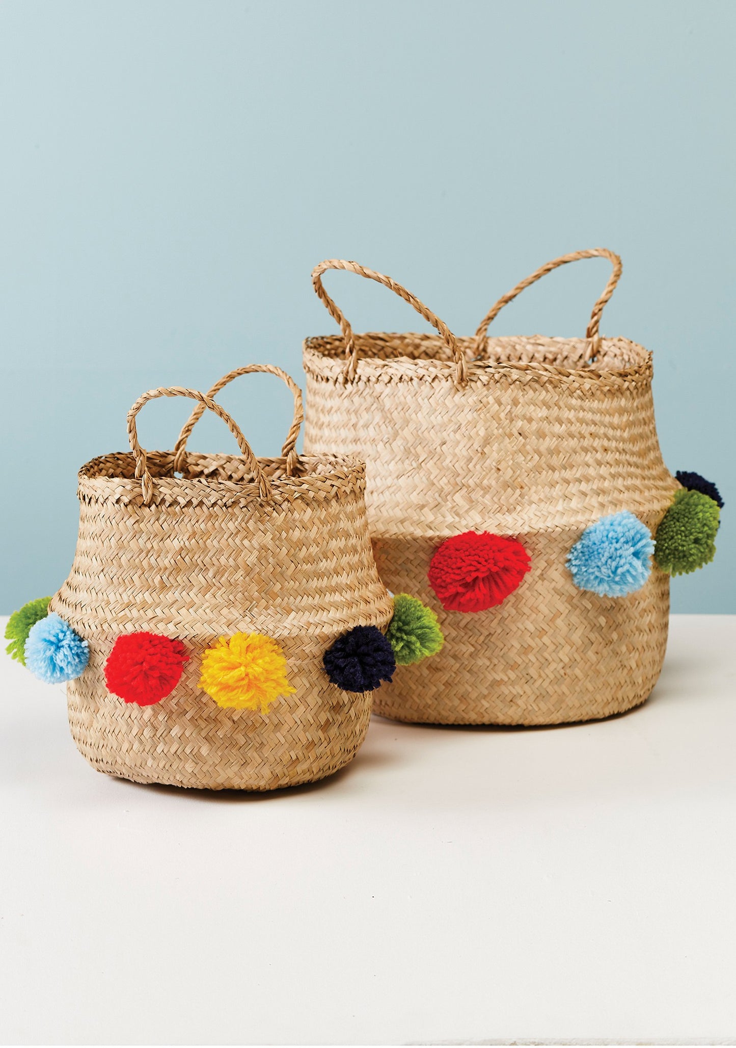 Seagrass Basket With Multi Colour Pom Poms