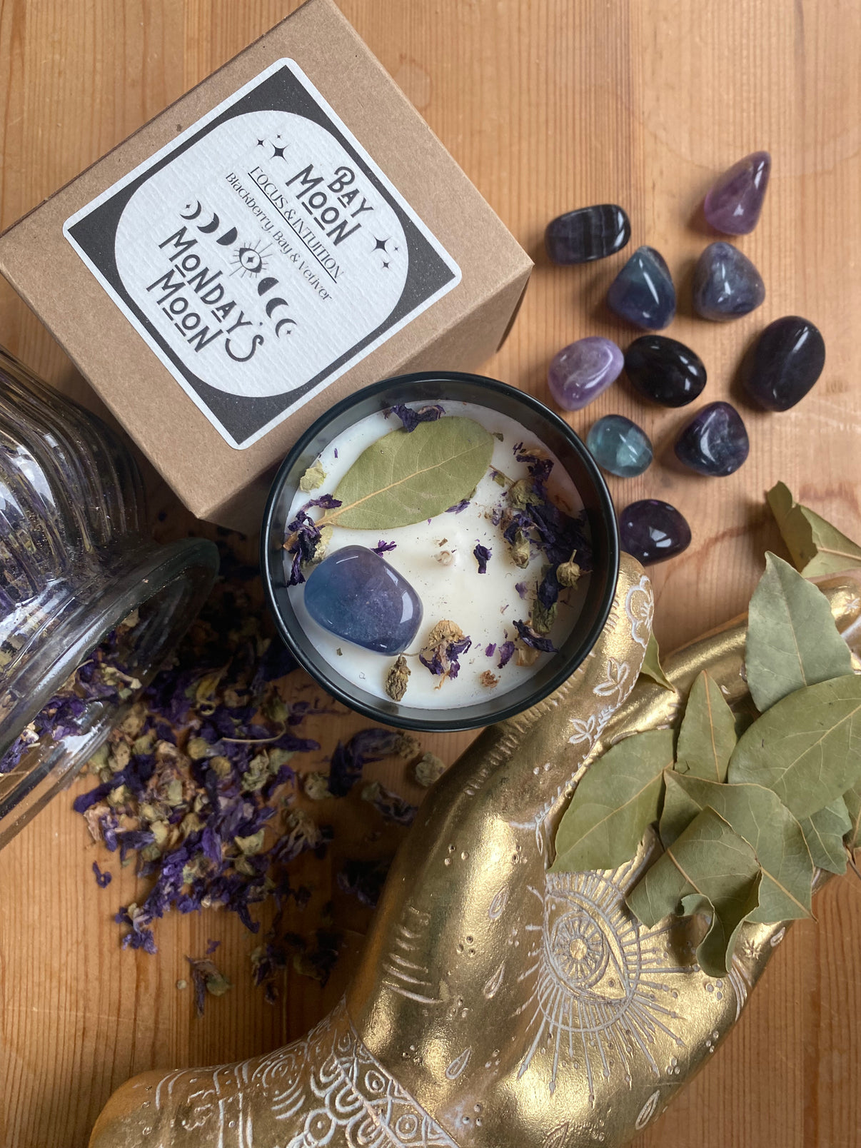 Bay Moon 🌙 scented Manifestation Candle infused with crystals & botanicals