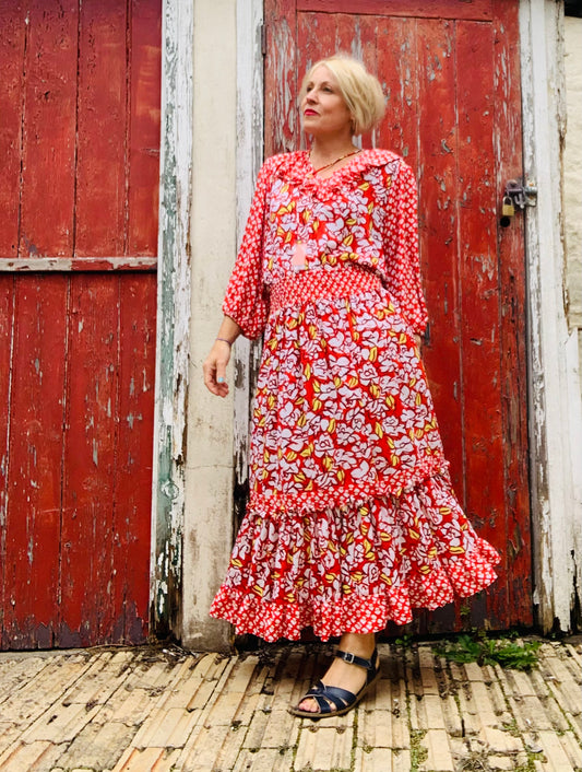 Vintage 1980’s colourful prairie style dress sz 8-14