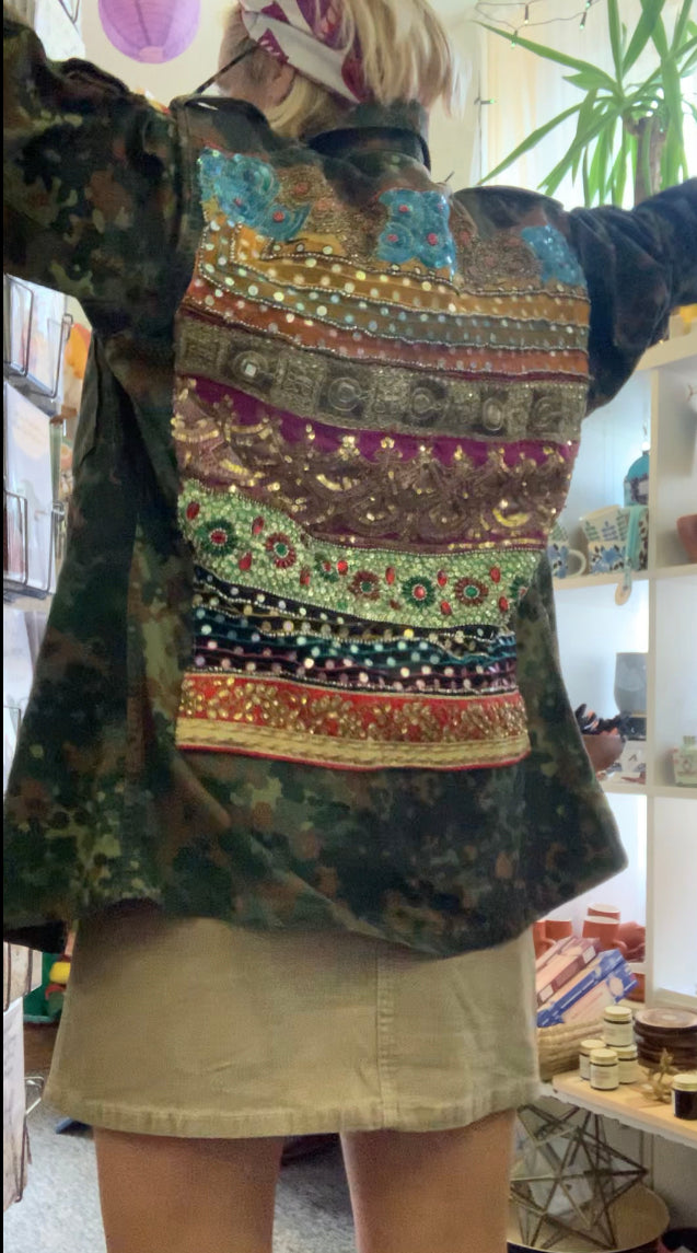 Vintage Camo shacket with Indian sequin trim ~ sz 8-14 ish