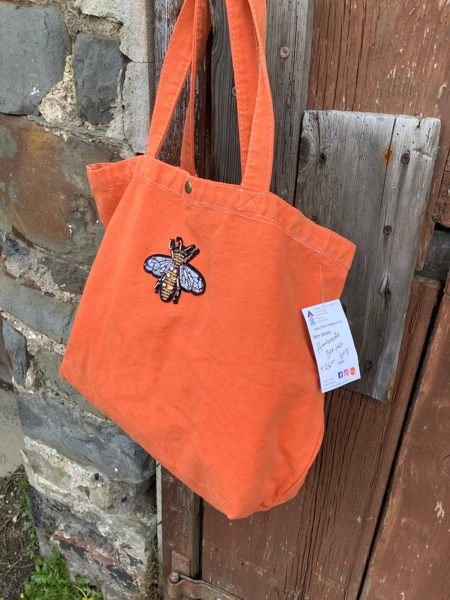 Orange canvas handmade Bee design tote bag