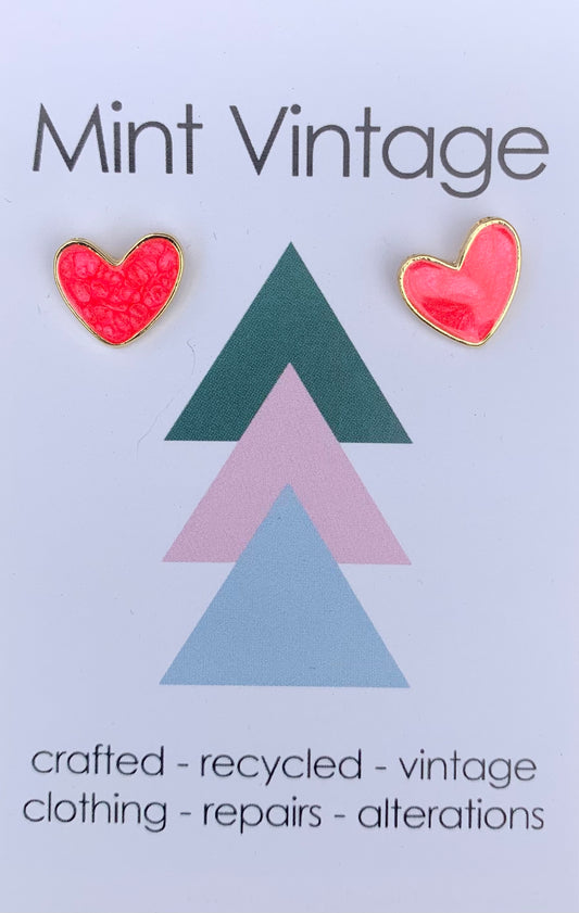 Pink enamel & gold heart stud earrings