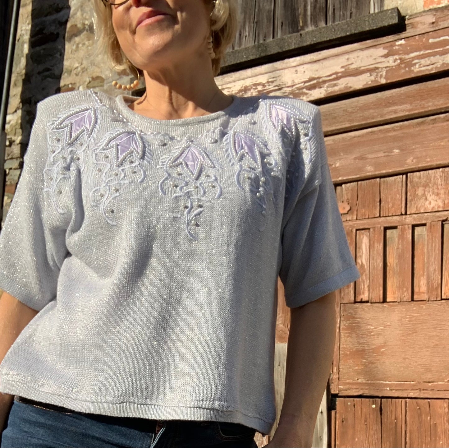 Vintage 1980’s silver knitted appliqué & beaded top
