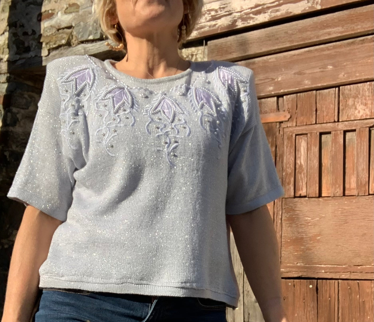 Vintage 1980’s silver knitted appliqué & beaded top