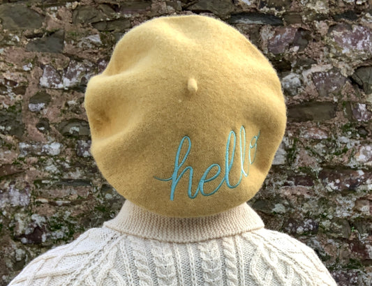 Yellow Wool beret with embroidered Hello message