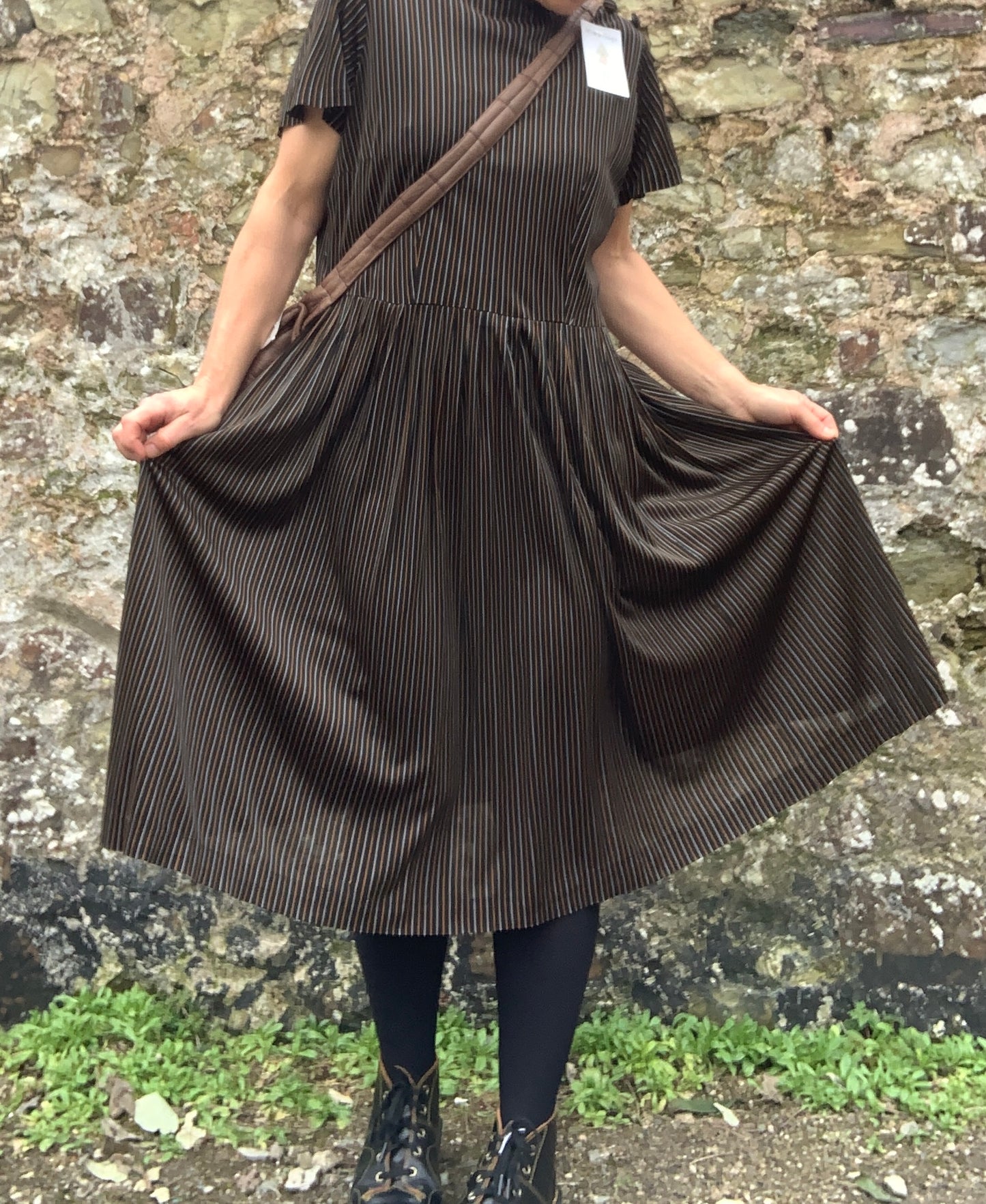 Vintage 1970’s silky brown pinstripe drop waist dress