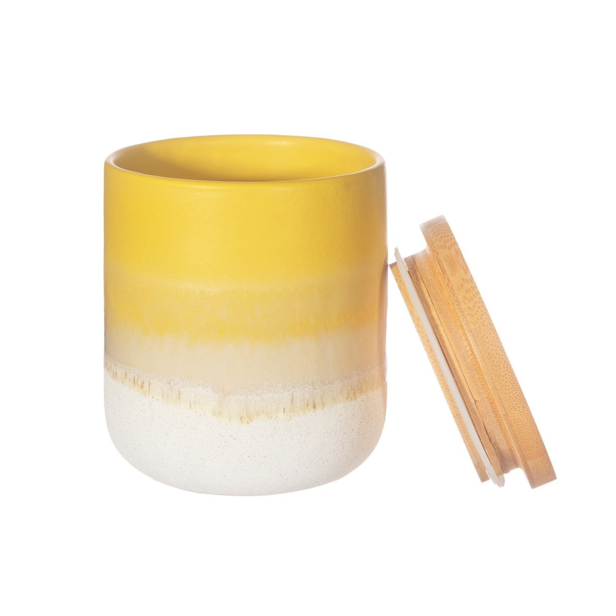 Sass and Belle yellow dip glaze boho style ceramic storage pot with wooden lid