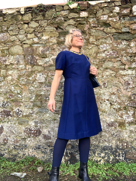 Vintage 1960’s London label silk/wool Navy fitted shift dress