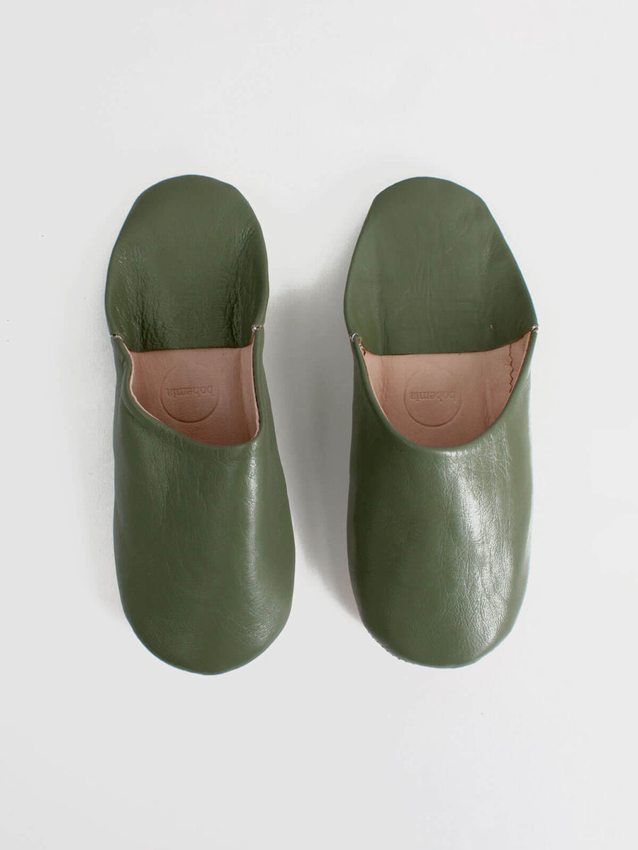 Moroccan Olive green leather mule slippers