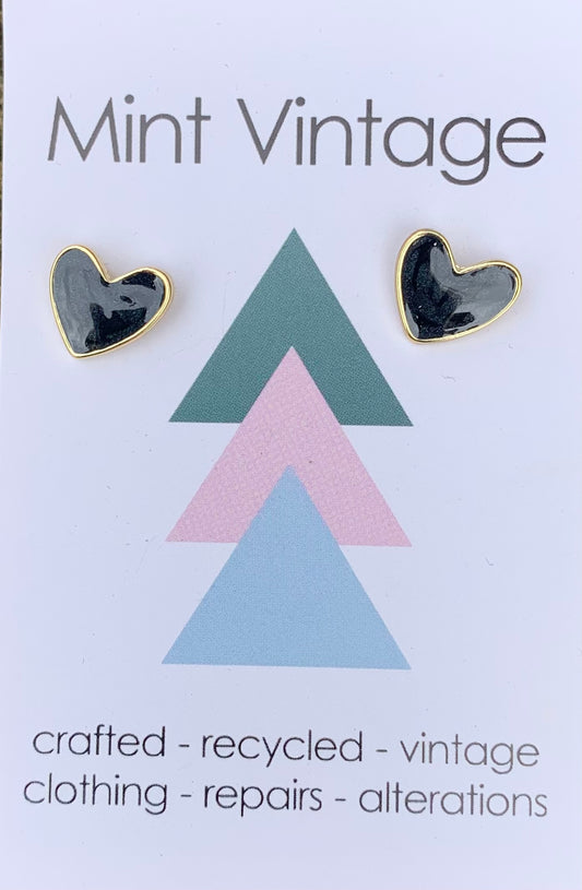 Black enamel & gold heart stud earrings