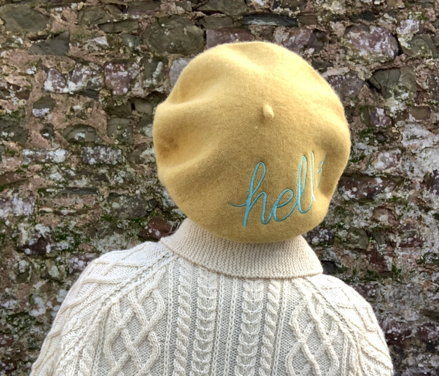 Yellow Wool beret with embroidered Hello message