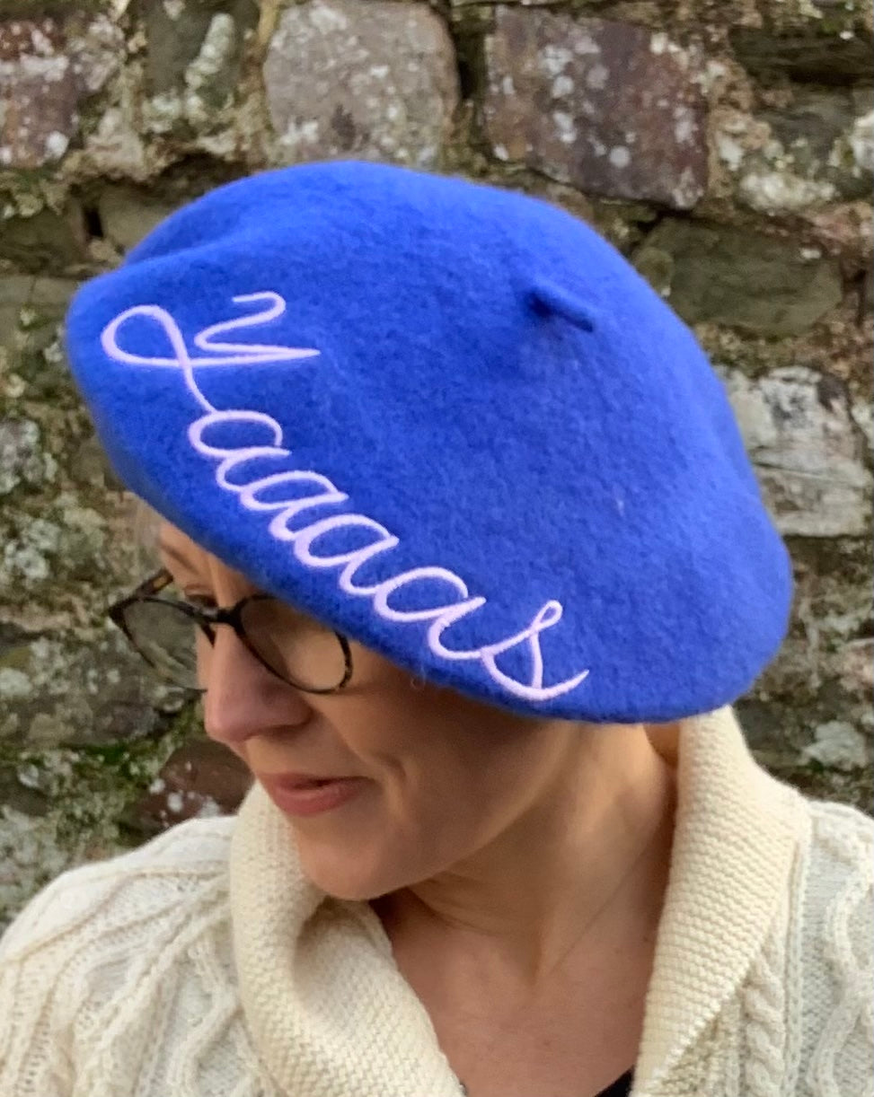 Blue Wool beret with embroidered yaaaaaaaaaas message