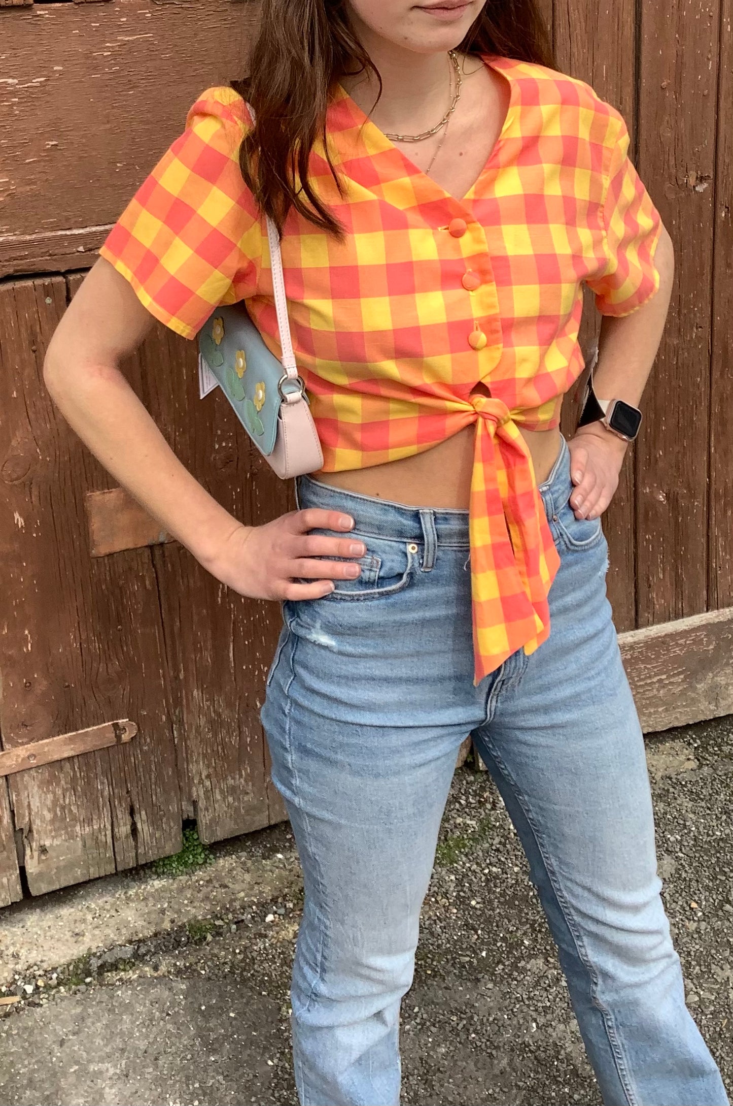 1980’s vintage cropped belly tie orange check shirt