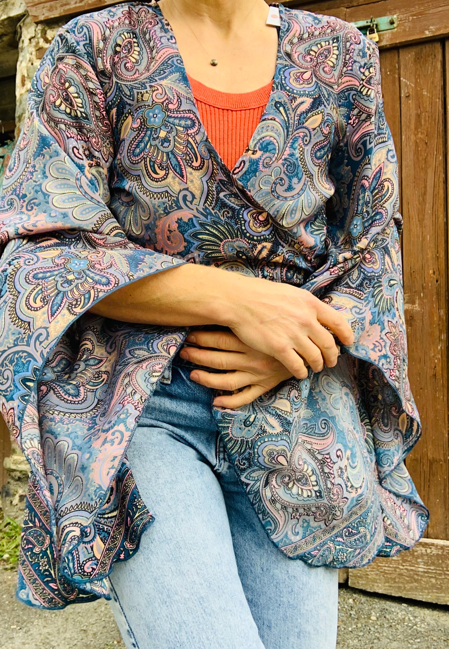 Handmade Recycled Sari bell sleeve fabric wrap top