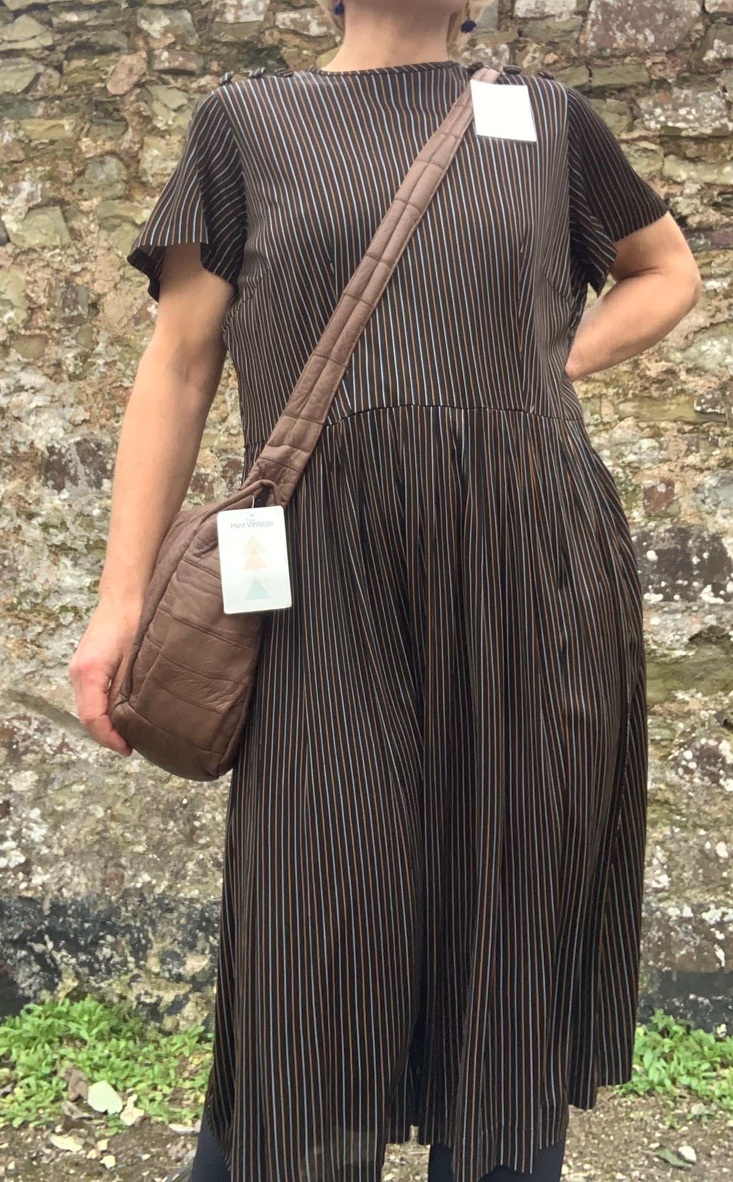Vintage 1970’s silky brown pinstripe drop waist dress