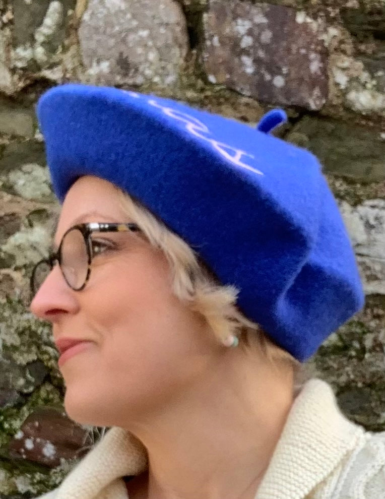 Blue Wool beret with embroidered yaaaaaaaaaas message