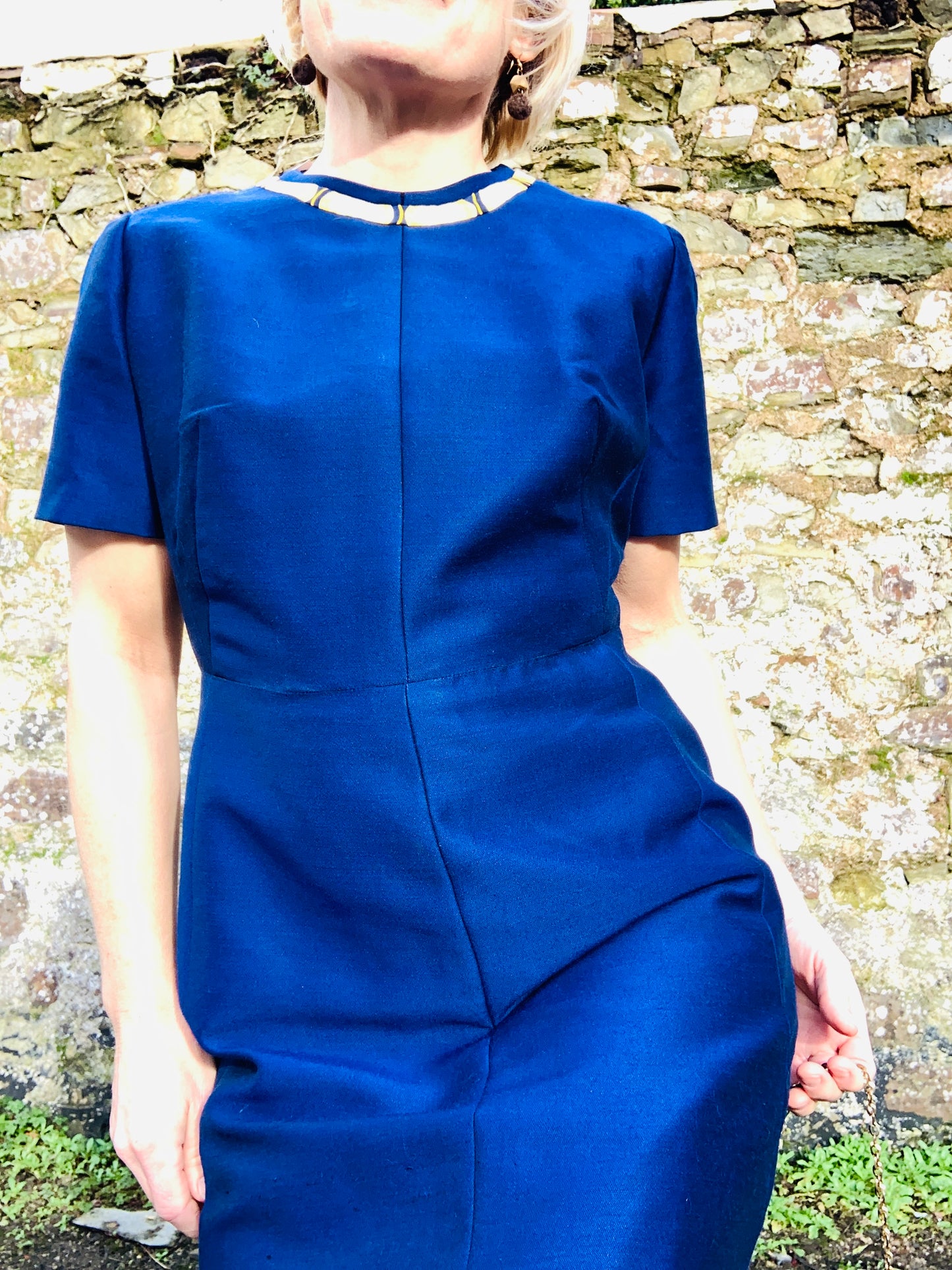 Vintage 1960’s London label silk/wool Navy fitted shift dress