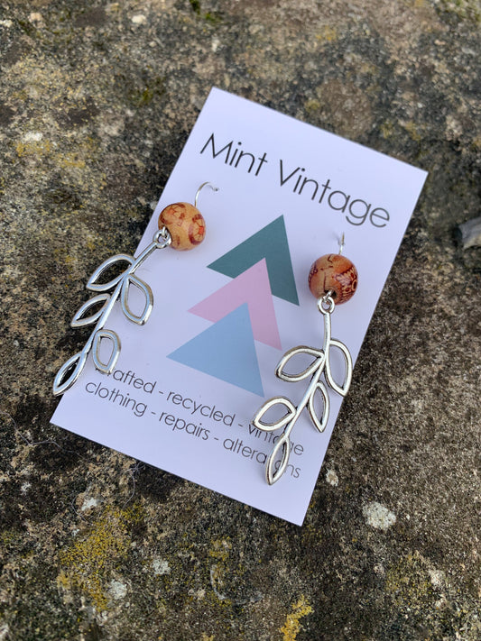 Handmade Tibetan silver leaf & wooden bead earrings