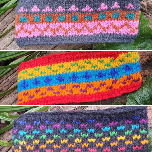 Hand knitted in Nepal colourful wool head warmer