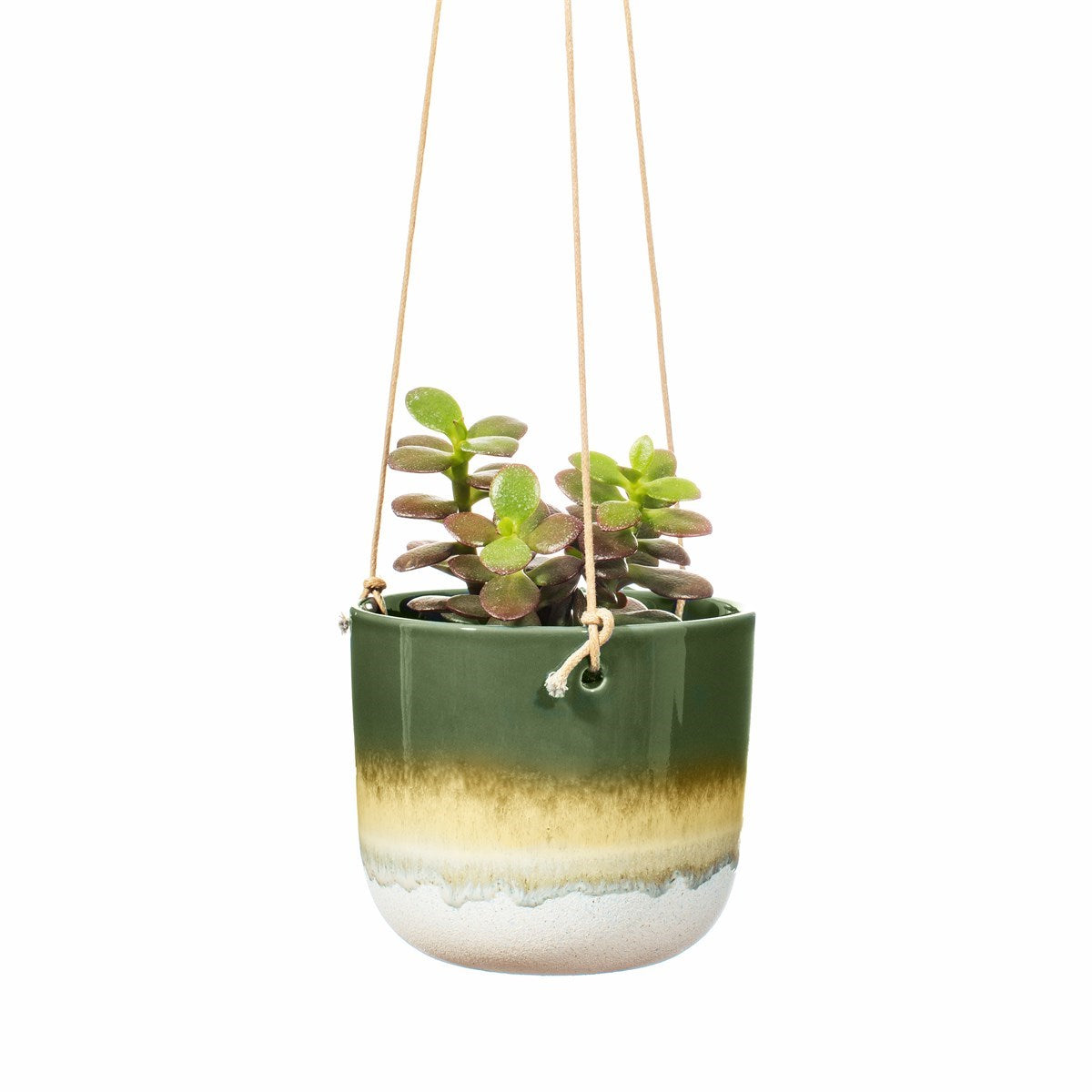 Green boho style dip glaze hanging planter