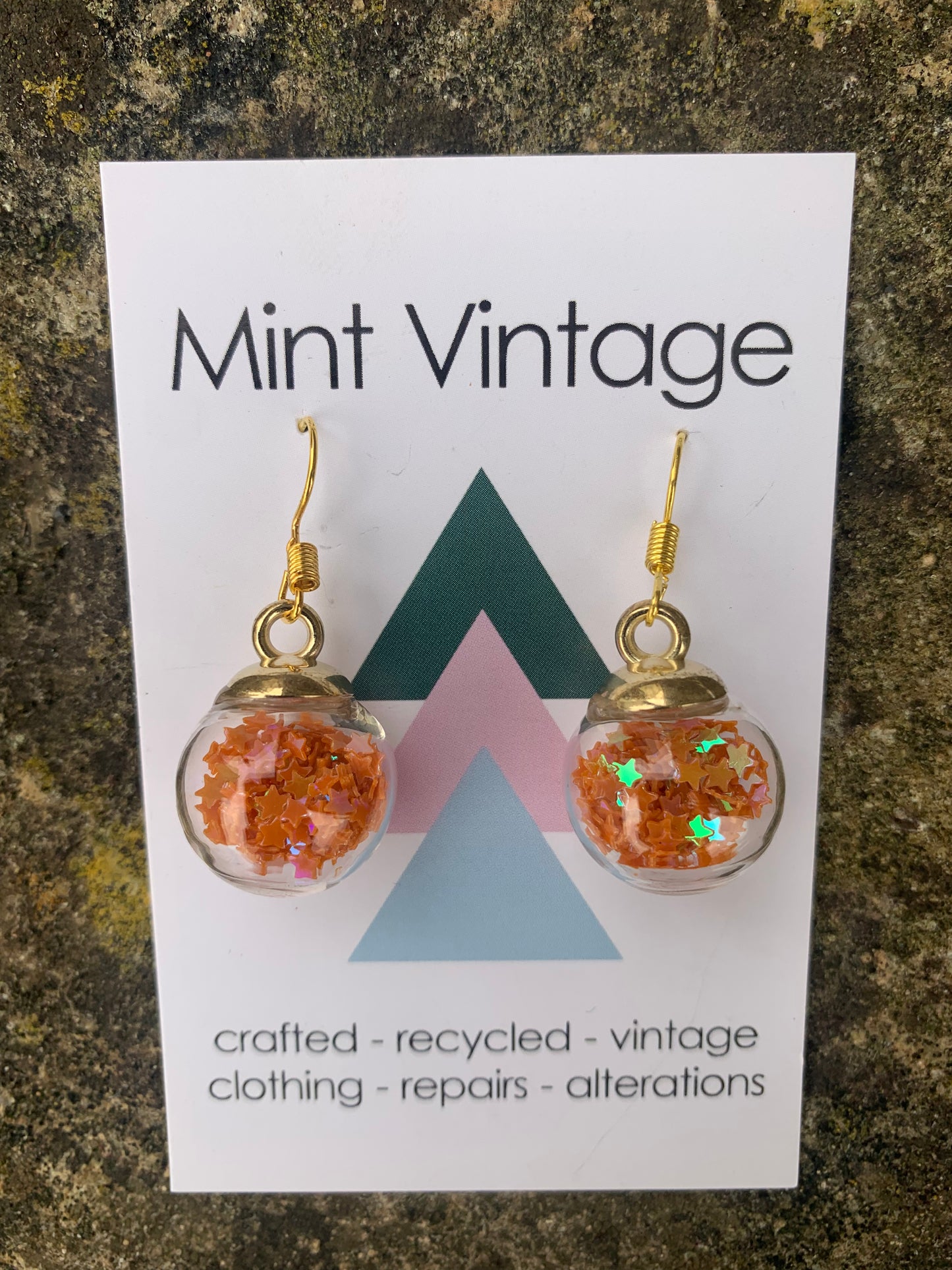 Handmade glass ball orange glitter confetti earrings