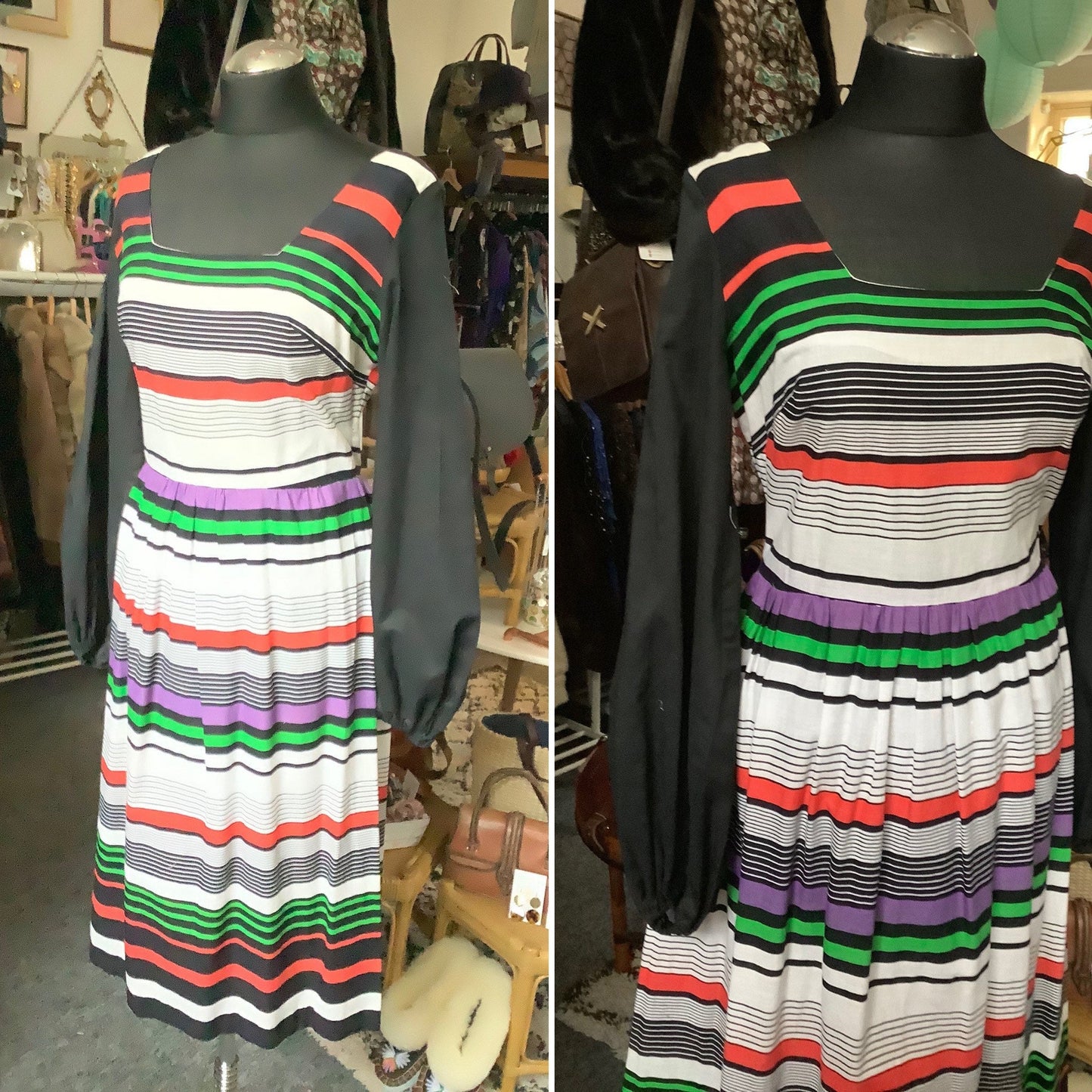 1970’s cotton colourful striped balloon sleeve midi dress