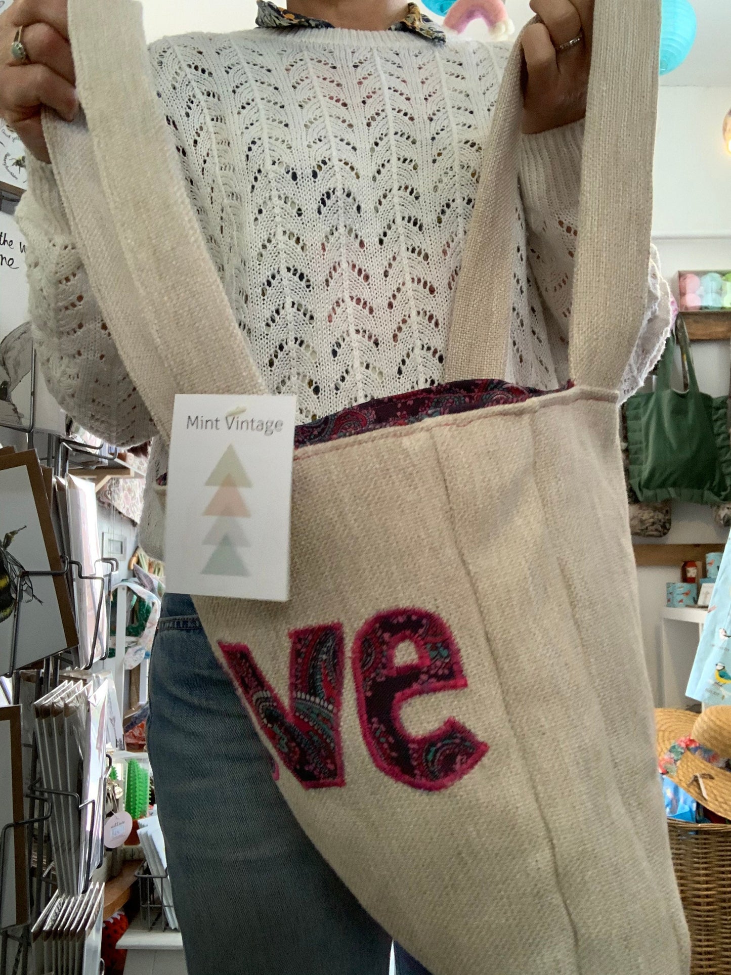 Handmade appliqué LOVE tote bag made from repurposed vintage textiles