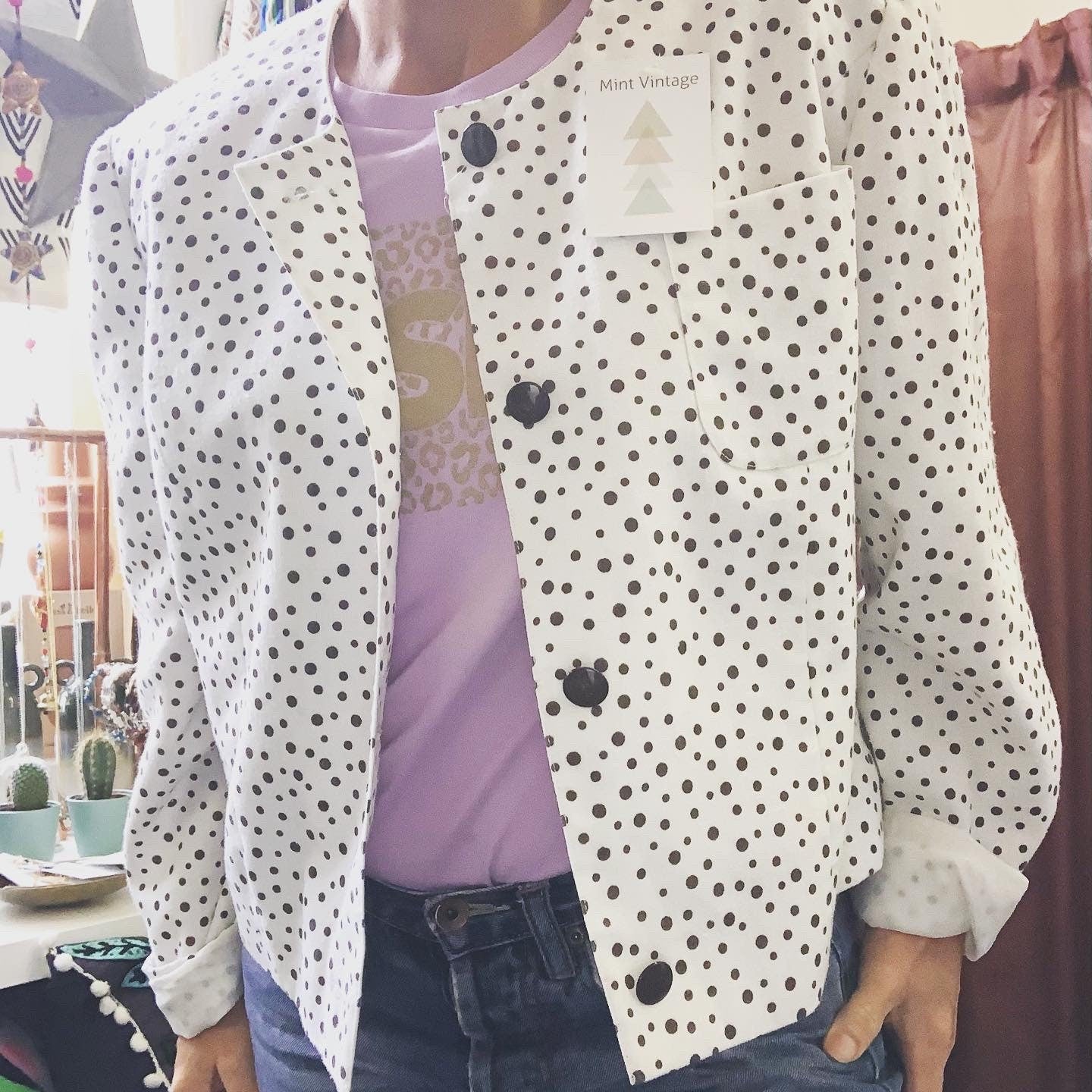 Vintage 1980’s linen white polka dot boxy jacket