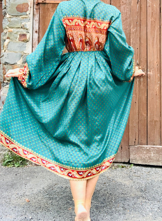 Handmade boho/prairie style silk sari fabric dress
